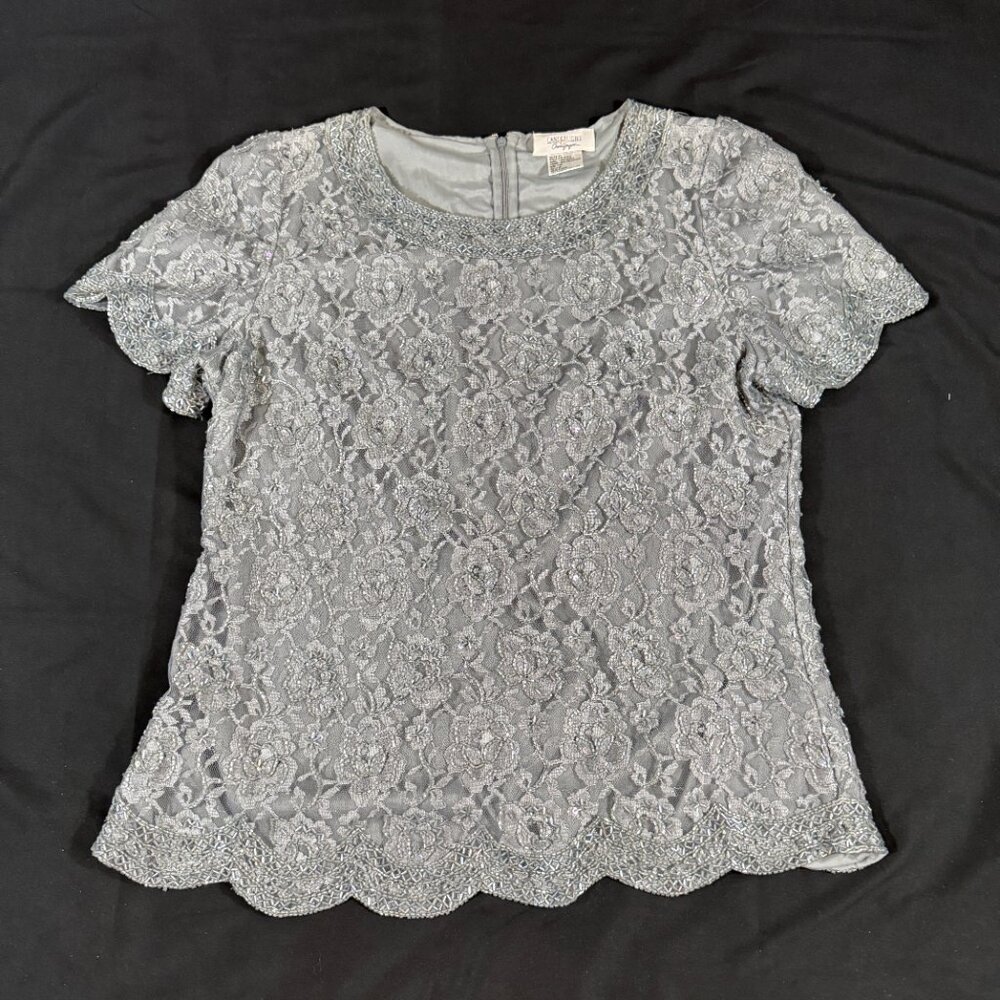 Candlelight and Champagne Women's Grey Beaded Sequined Eveningwear Top 14W